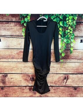 Patrick Kelly Paris Midi Dress Small Ruched Bodycon Black Satin Scoop Neck